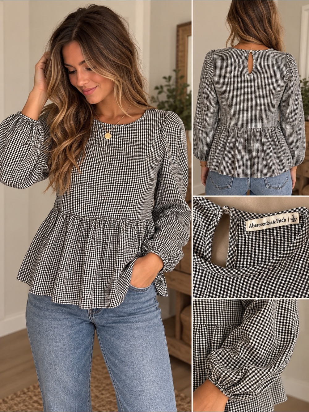 Abercrombie & Fitch Black and White Gingham Peplum Top